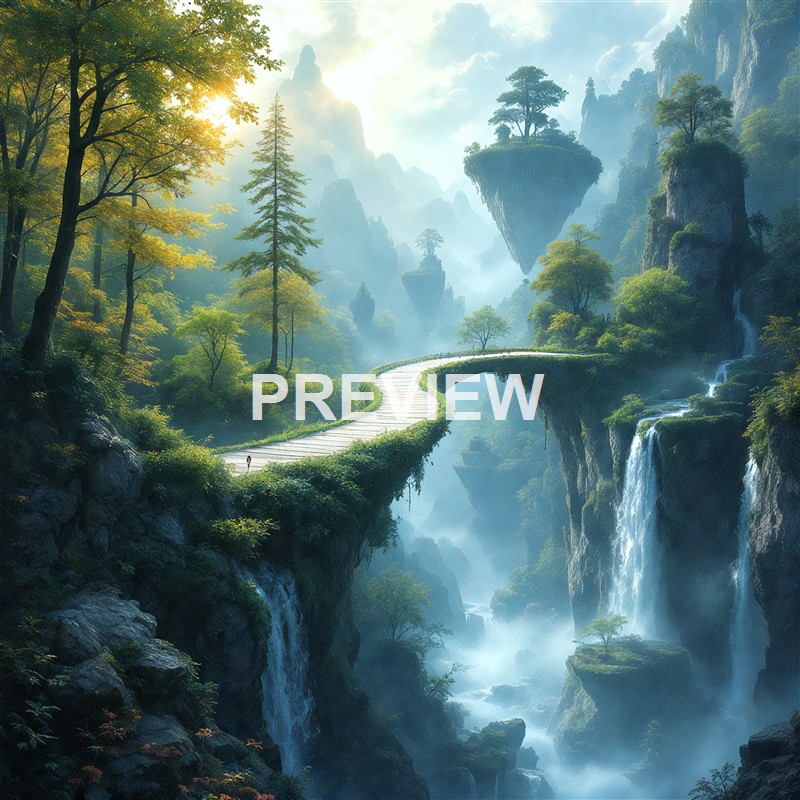 A fantastical landscape featuring floating islands with trees, a winding wooden bridge, cascading waterfalls, and misty mountains in the background illuminated by soft sunlight.